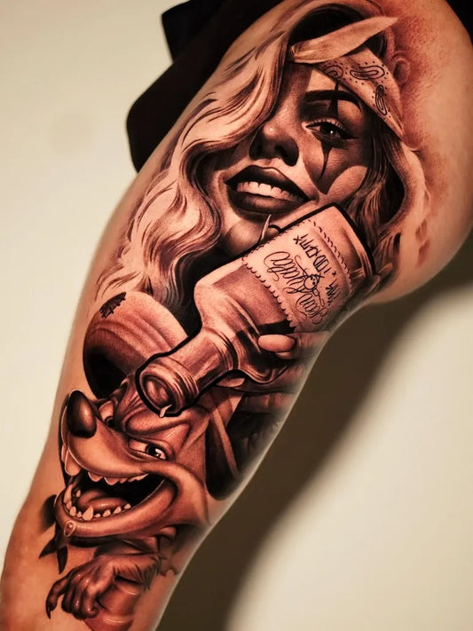 Big Chicano Woman with Tequila Bottle and Cartoon Dog Tattoo on Women Thigh by @jean.ayala.tattoo