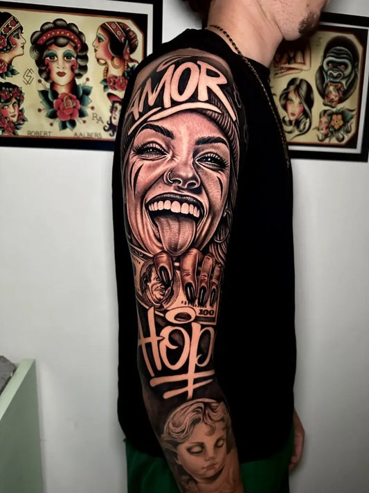 Big Chicano Woman with Tongue Out and Amor y Hop Letters Tattoo on Men Arm by @peppstattoo