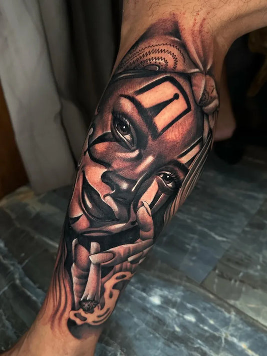 Big Chicano Woman with clown mask and smoke Tattoo on Men Arm by @pukz_bali