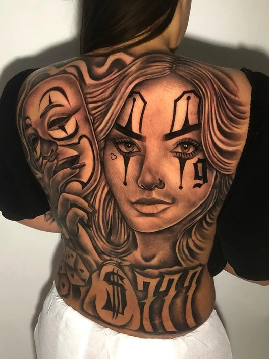 Big Chicano Woman with masks and 777 Tattoo on Women Back by @fp_tattoo_oficial