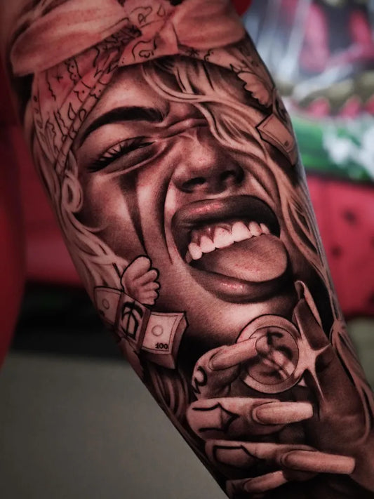 Big Chicano Woman with money and tongue Tattoo on Women Arm by @silvio_maratea