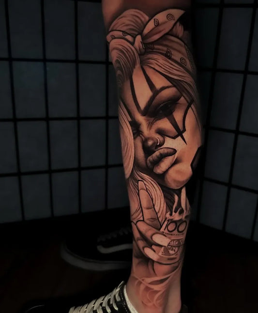 Big Chicano Woman with skull and roses Tattoo on Women Leg by @john_cameron_tattoos