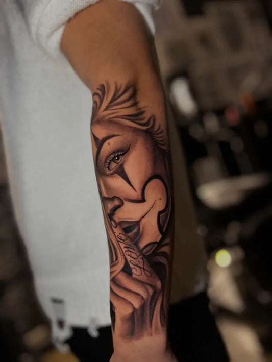 Big Chicano Woman with teardrop and finger to lips Tattoo on Men Arm by @mirkosup.tattooer