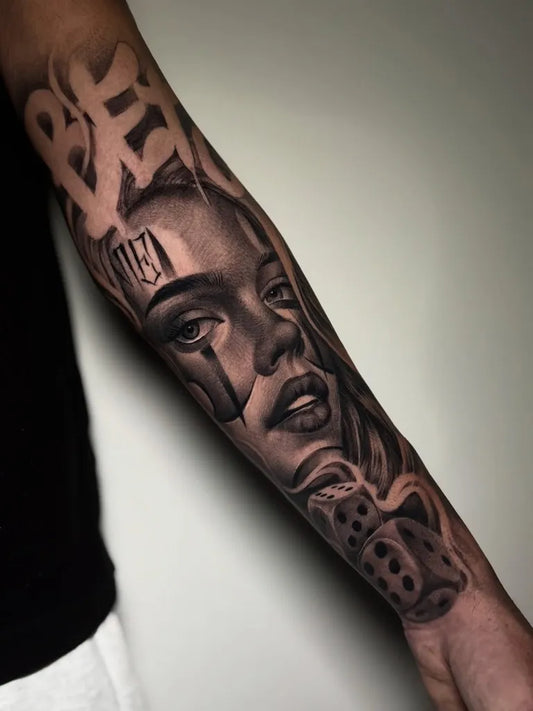 Big Chicano Womans Face Dice Tattoo on Men Arm by @andreaplayink