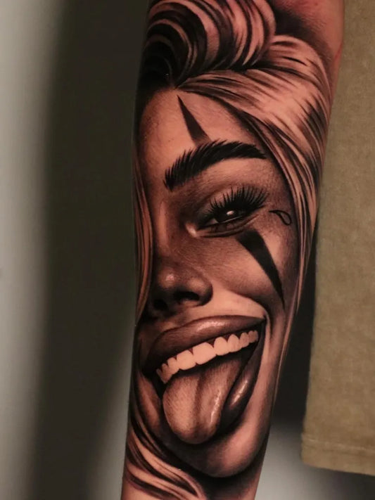 Big Chicano Womans Smiling Face with Tongue Out Tattoo on Women Arm by @valerio.ob