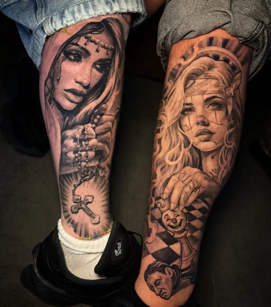 Big Chicano Women with Rosary and Day of the Dead Skull Tattoo on Women Thighs by @yuripetrucci