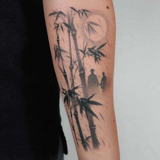 Big Chinese Bamboo Moon Figures Tattoo on Men Arm by @moko.cjtattoo