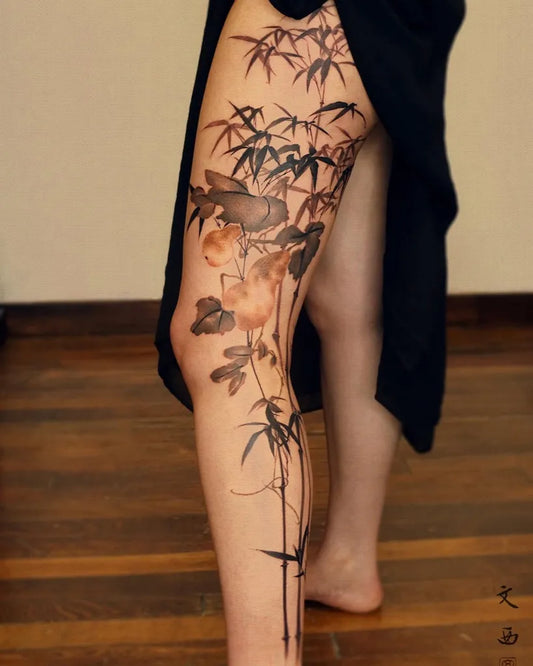 Big Chinese BambooBirdAndFlowers Tattoo on Women Thigh by @fuguang.tattoo.studio