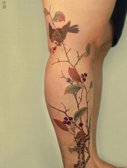 Big Chinese Bird and Berries Tattoo on Women Leg by @fuguang.tattoo.studio