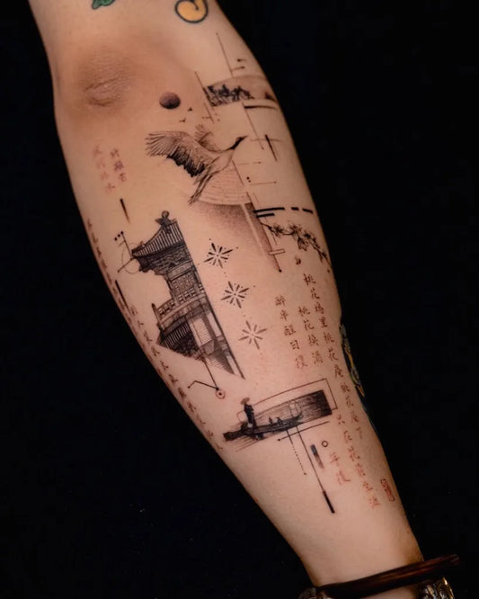 Big Chinese Crane Temple Calligraphy Tattoo on Women Leg by @jakeli_tattoo