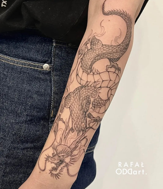Big Chinese Dragon Tattoo on Women Arm by @rafal_oddart