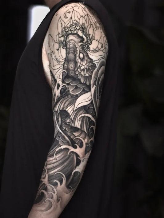 Big Chinese Dragon and Lotus Tattoo on Men Arm by @feiyutattoo