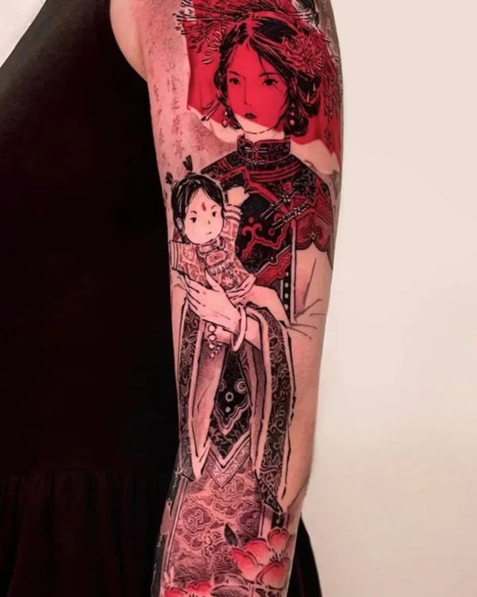 Big Chinese Mother and Child with Flowers Tattoo on Women Arm by @zzltattoo