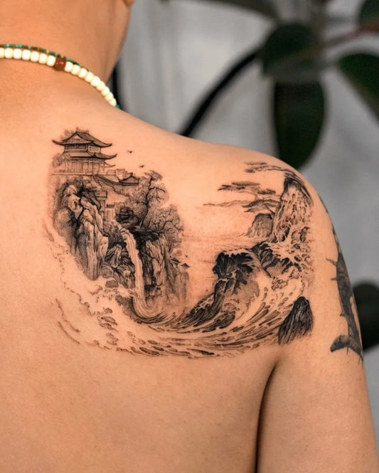 Big Chinese Mountain Landscape Waterfall Tattoo on Men Shoulder by @jakeli_ta