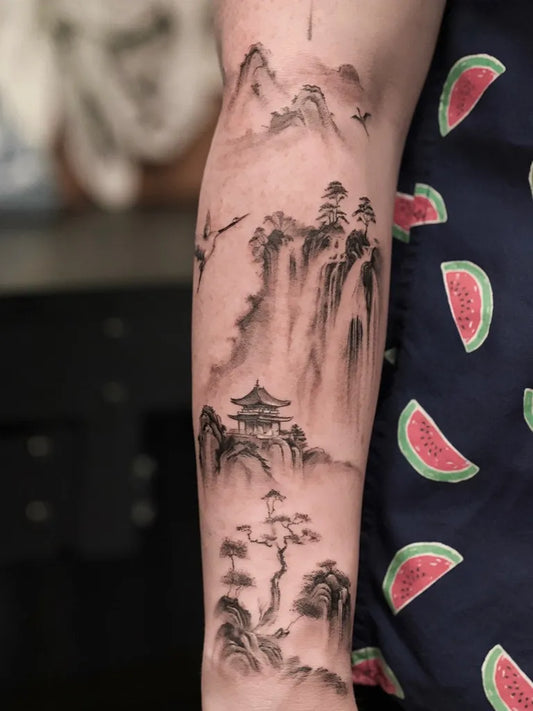 Big Chinese Painting Mountain Pagoda Tattoo on Women Arm by @d.w._modoink