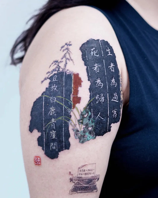 Big Chinese Poem Broken Scroll with Pine Tree and Typewriter Tattoo on Women Upper Arm by @misa_tat