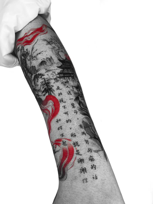 Big Chinese Poem with Dragon Mountain Temple Tattoo on Men Arm by @wilson__tattoo