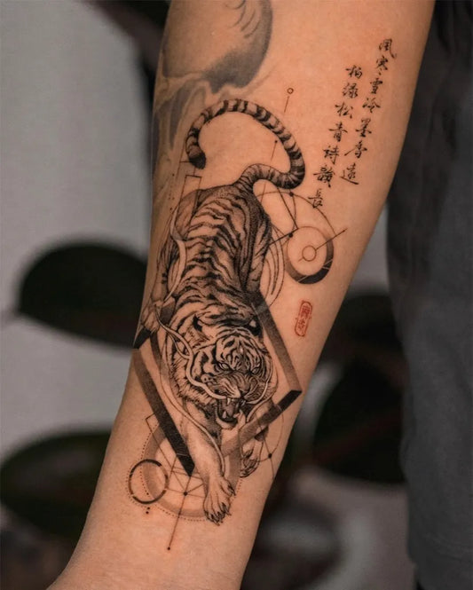 Big Chinese Tiger with Calligraphy and Geometric Elements Tattoo on Men Arm by @jakeli_tattoo