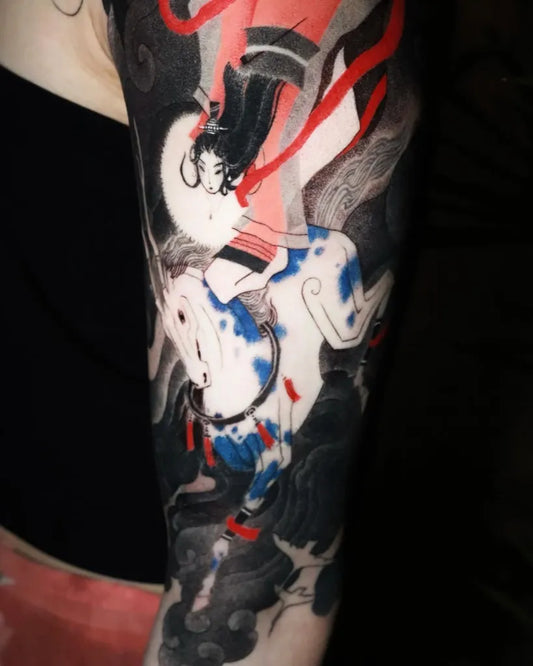 Big Chinese Woman Riding Horse Tattoo on Women Arm by @zzltattoo