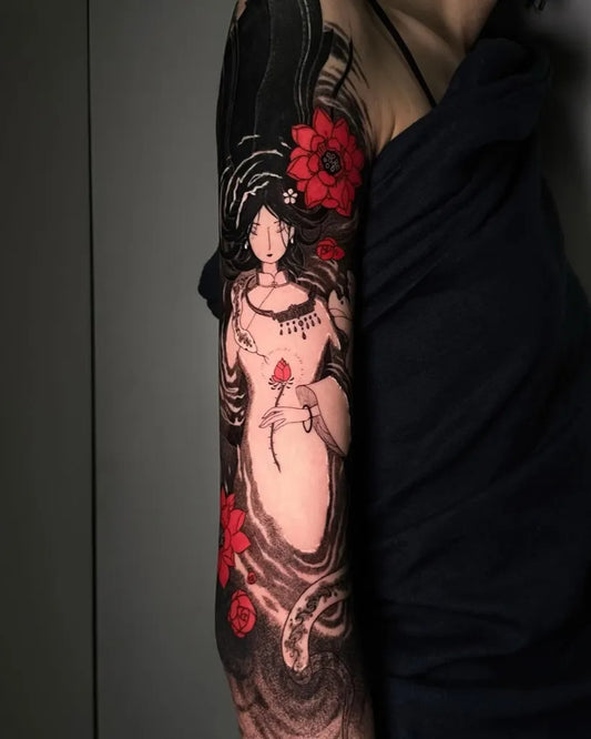 Big Chinese Woman with Red Flowers and Mushroom Tattoo on Women Upper Arm by @zzltattoo