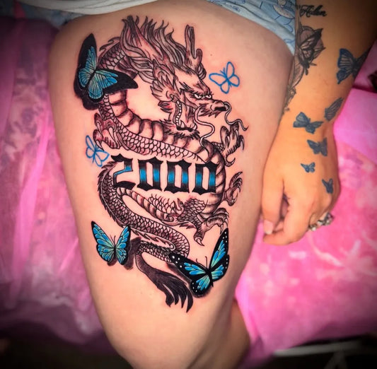 Big ChineseDragon Butterflies on Women Thigh Tattoo by @tatts_by_ceecee