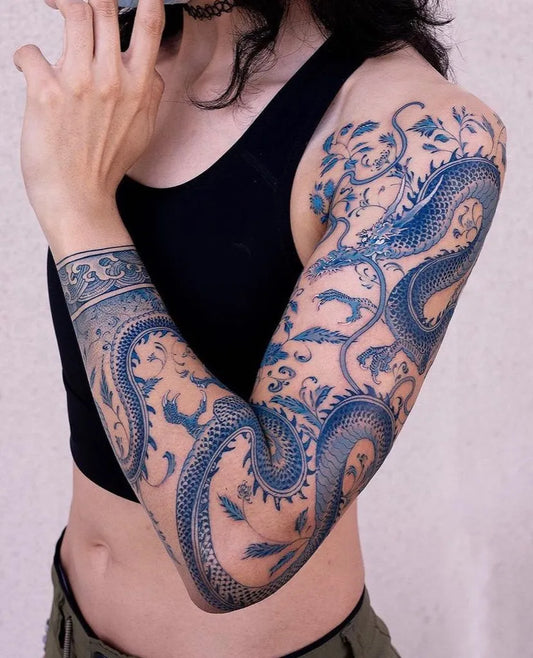 Big ChineseDragonFlowers on Women Arm Tattoo by @inklarity_official