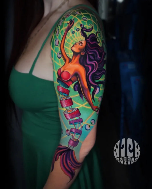 Big Color Mermaid Tattoo on Women Arm by @nickamayatattoo