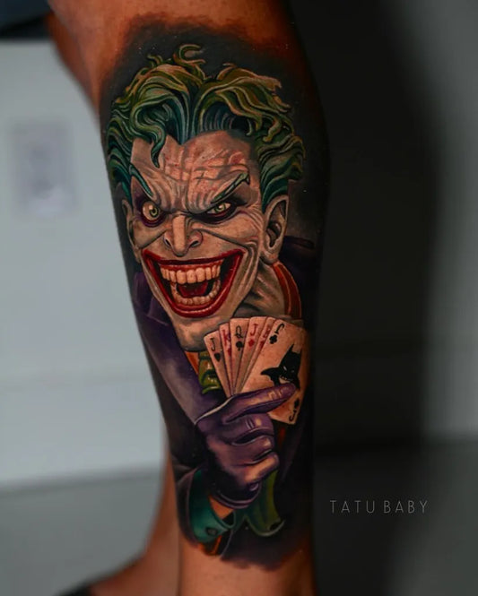 Big Color New School Joker with Cards on Men Leg Tattoo by @tatubaby