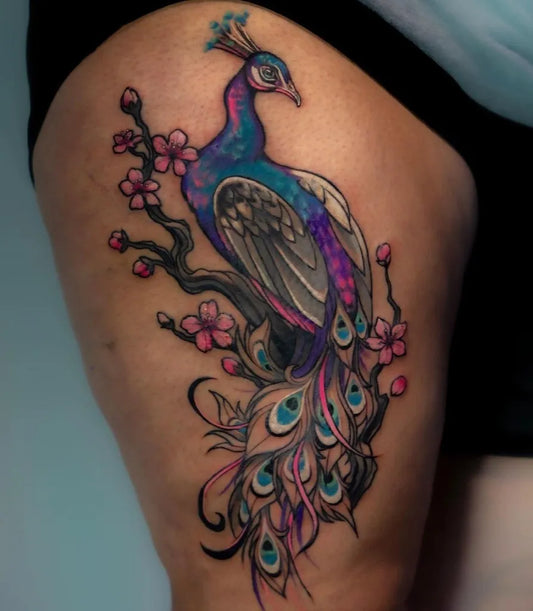 Big Color Peacock and Cherry Blossoms Tattoo on Women Thigh by @trueloveart