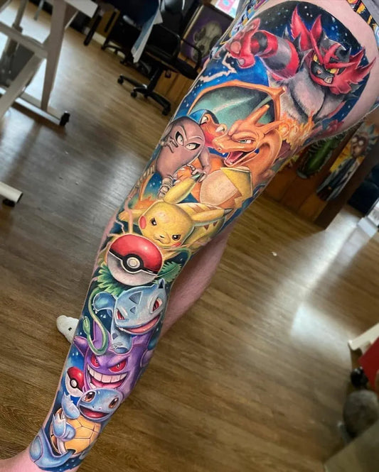 Big Color Pokemon Characters Tattoo on Women Leg by @gamer.ink