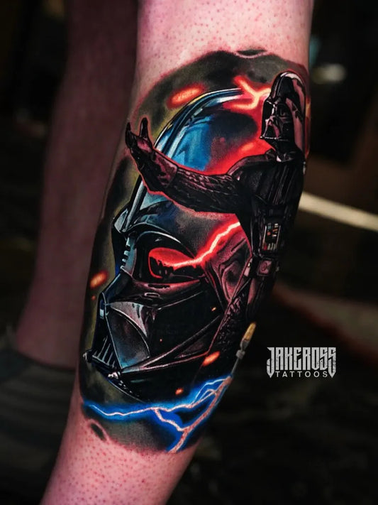 Big Color Realism Darth Vader with Lightning Tattoo on Men Leg by @jakerosstattoos