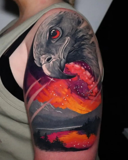 Big Color Realism Eagle Landscape Tattoo on Women Shoulder by @robinlivesey