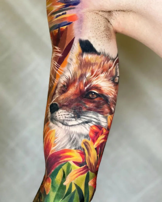 Big Color Realism Fox and Lilies Tattoo on Men Inner Arm by @jadesparkletattoos