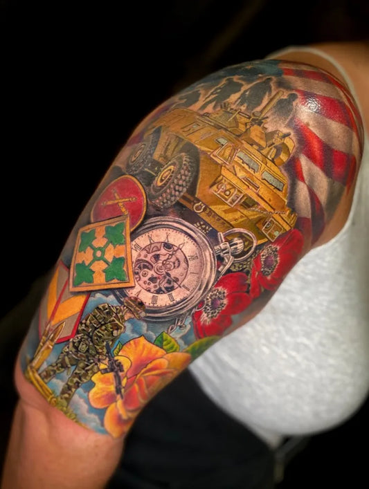 Big Color Realism Humvee Poppy Watch Military Tattoo on Women Shoulder by @laluztattoo