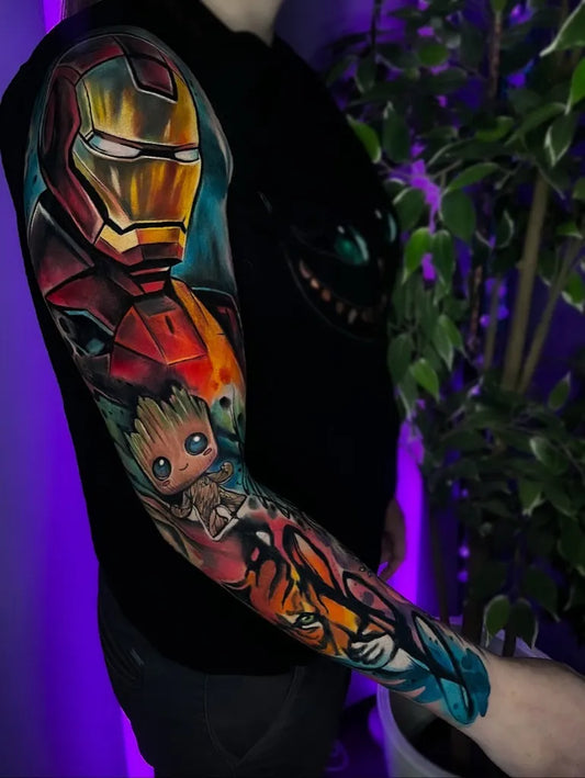 Big Color Realism Iron Man Groot Rocket Cartoon Tattoo on Men Arm by @blondie_tattoo