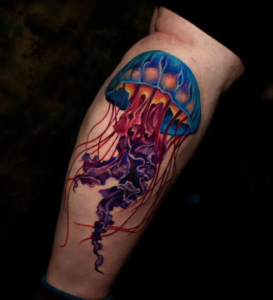 Big Color Realism Jellyfish Tattoo on Men Thigh by @lily_heather_tattoo