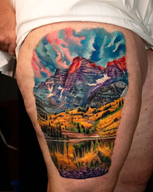 Big Color Realism Mountain Lake Forest Tattoo on Men Thigh by @winterhalo