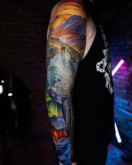Big Color Realism Pathway Landscape Tattoo on Men Arm by @bodrov_artist