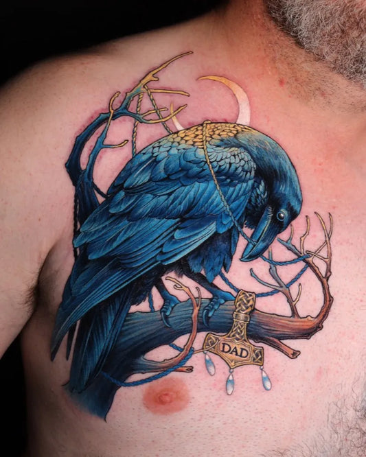Big Color Realism Raven with Branches and Mjolnir Pendant on Men Shoulder Tattoo by @antonyflemming