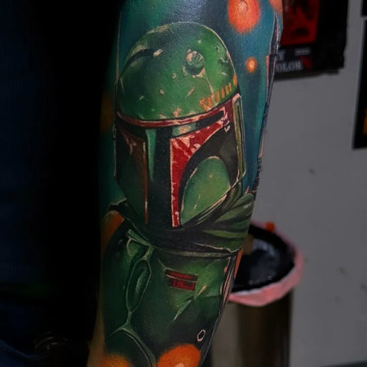 Big Color Realism Star Wars Boba Fett Tattoo on Men Arm by @dc_art_collective