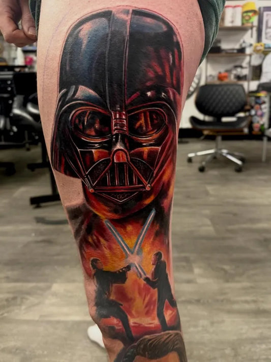 Big Color Realism Star Wars Darth Vader Luke Vs Vader Tattoo on Men Thigh by @jamiewatson_art