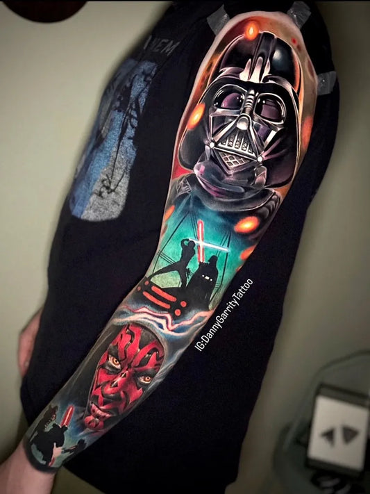 Big Color Realism Star Wars Darth Vader Maul Silhouette Tattoo on Men Arm by @dannygarritytattoo