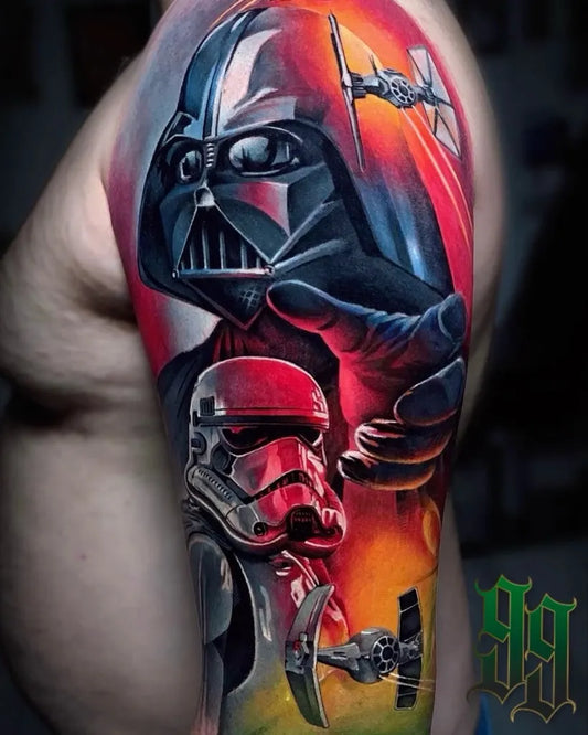 Big Color Realism Star Wars Darth Vader and Stormtrooper Tattoo on Men Arm by @ninetyninetattoos
