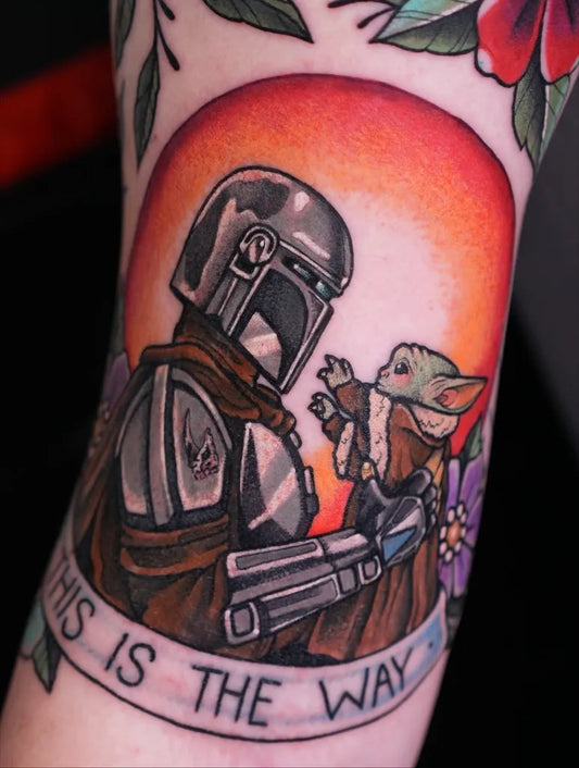 Big Color Realism Star Wars Mandalorian and Yoda Tattoo on Men Arm by @rinicoletattoos