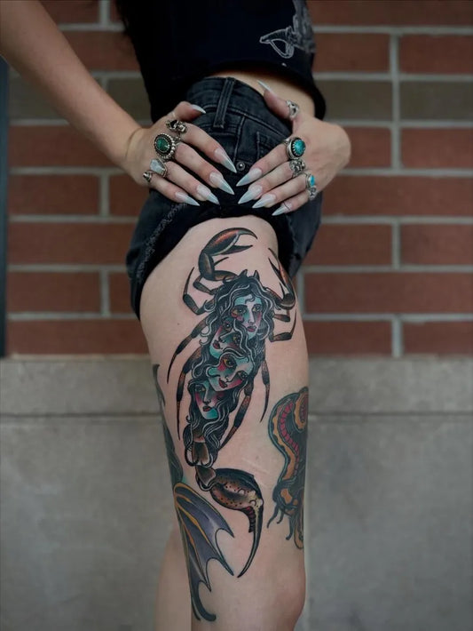 Big Color Scorpion Skull Wings on Women Thigh Tattoo by @fifthestatetattoo