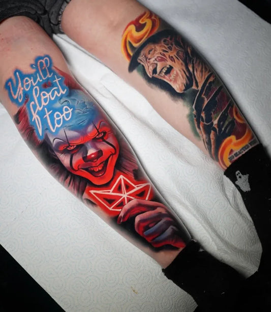 Big Color Work Joker Freddy on Women Leg Tattoo by @sammcaleese_tattoos