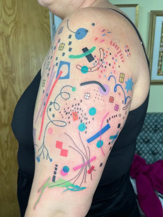 Big Colorful Abstract Geometric Shapes Tattoo on Women Arm by @agataris