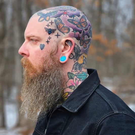 Big Colorful Butterflies and Flowers Tattoo on Men Head by @electricindigowizard