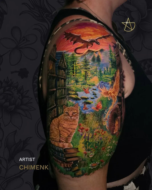 Big Colorful Dragon Cat Landscape Tattoo on Women Upper Arm by @celebrityinktattookutabali