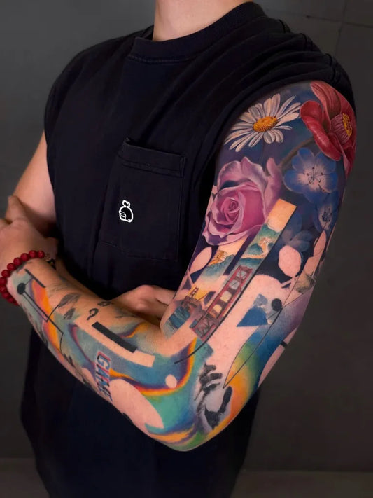 Big Colorful Flowers GoldenGateBridge Tattoo on Men Arm by @demiink__
